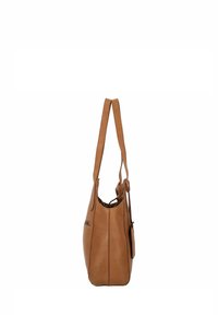 Borsa a spalla in pelle tan con due lunghe cinghie, dettagli di cucitura verticale e una tasca laterale. Texture liscia con bordi arrotondati.