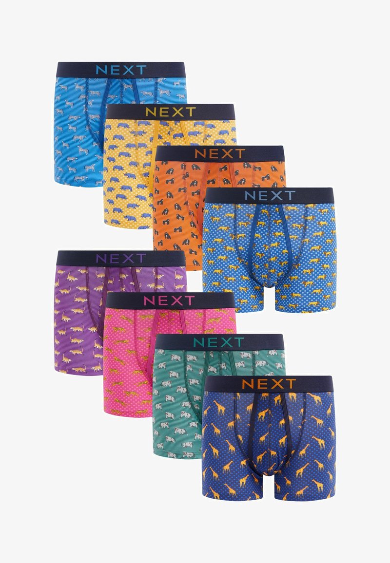 Otto paia di boxer da uomo, caratterizzati da vari motivi di animali, colori vivaci e cinturini elastici con il marchio "NEXT".