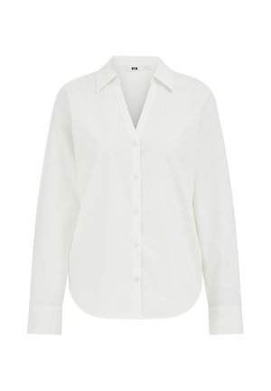 Weißes Langarmshirt mit V-Ausschnitt und Knopfverschluss vorne. Mit einer glatten Textur und abgerundetem Saum. Hergestellt aus leichtem Stoff.