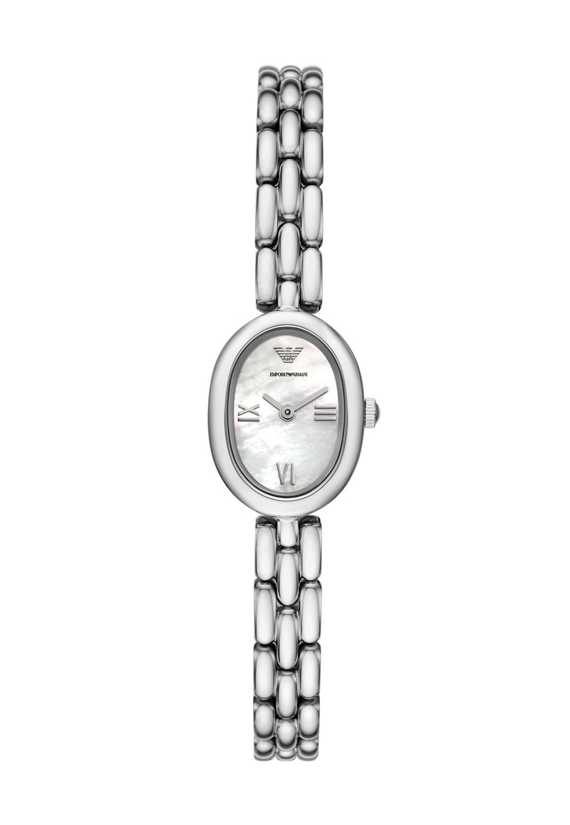 Silberner Edelstahl-Armbanduhr mit einem ovalen Zifferblatt aus Perlmutt, römischer Ziffer VI und verknüpftem Metallarmband.