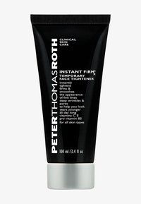 Black plastic tube with silver cap, labeled "Instant Firm Temporary Face Tightener." Contains 100 ml, with white text detailing benefits.