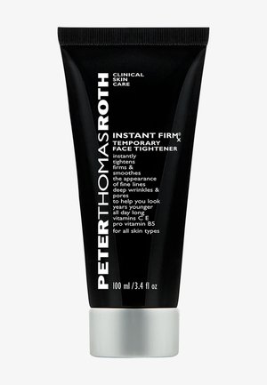 Schwarzes Plastikröhrchen mit silberner Kappe, beschriftet mit "Sofort straffender, vorübergehender Gesichtsstraffer." Enthält 100 ml, mit weißen Text, der die Vorteile beschreibt.