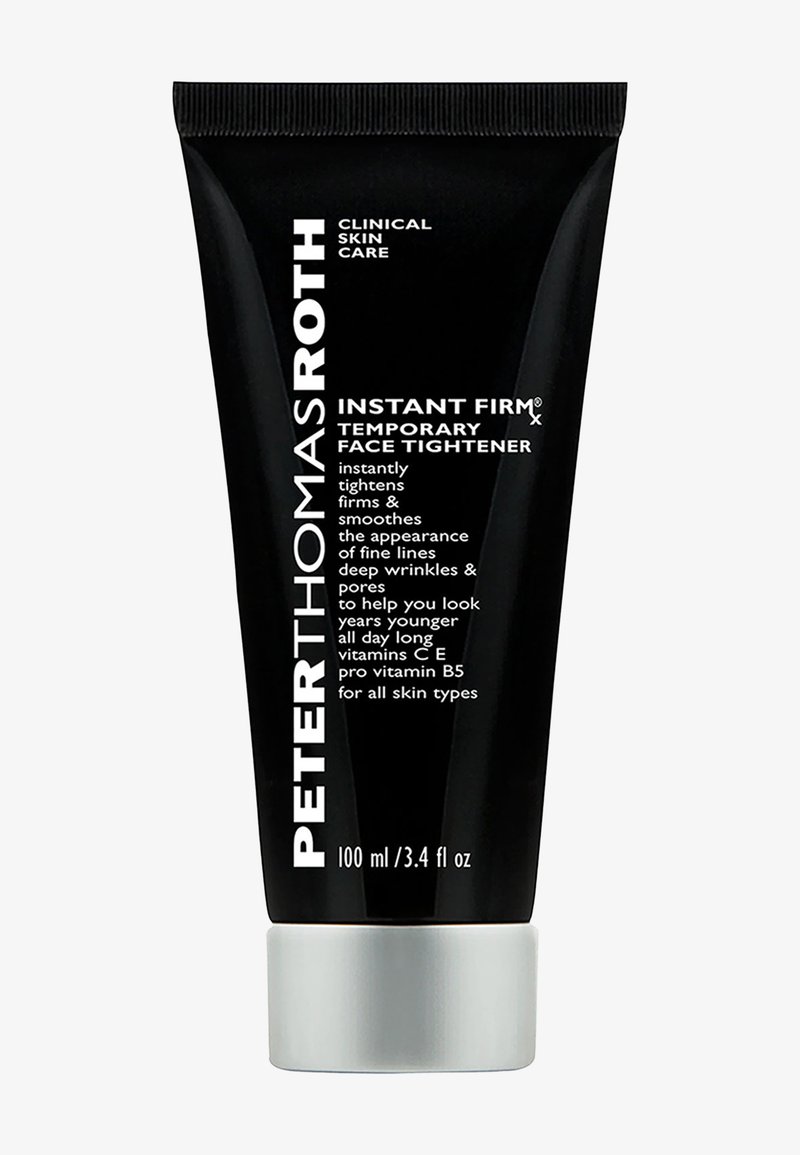 Black plastic tube with silver cap, labeled "Instant Firm Temporary Face Tightener." Contains 100 ml, with white text detailing benefits.