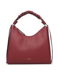 Rode leren handtas met een slordige vorm, gevlochten handvat en gouden beslag. Heeft een ritssluiting en het merknaam "Coccinelle" aan de voorkant.