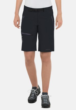 Schwarze Shorts aus strapazierfähigem Material mit mittellangem Schnitt, ausgestattet mit Reißverschluss-Taschen und verstellbarem Bund für eine sichere Passform.