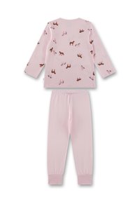Roze pyjama set met een lange mouwen top met dierenprints en bijpassende broek. Zachte stof met een elastische tailleband en geribde manchetten.