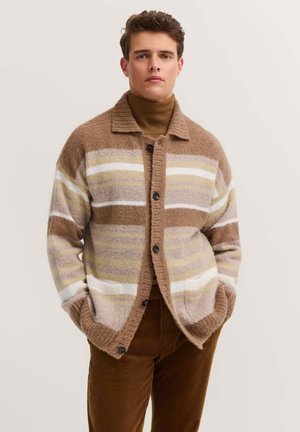 Textured brown cardigan with cream and yellow stripes, front button closure, and a collared neck; features side pockets and ribbed cuffs.