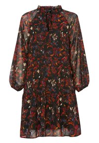 Blommig klänning i svart genomskinligt material med långa puffärmar, en volangkrage och ett mönster av röda och blå blommor med gröna blad.