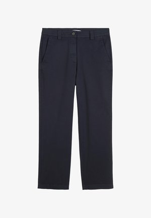 Chino blu navy realizzati in cotone con una trama liscia, dotati di due tasche frontali, chiusura con zip e un bottone.
