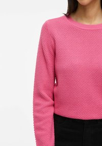 Roze gebreide trui met een stoffig, bobbelig patroon en een ribbelkraag. De mouwen zijn lang en aansluitend, gecombineerd met donkere onderkleding.