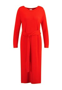 Robe rouge à manches longues avec un col rond, dotée d'une ceinture assortie à la taille et d'une silhouette droite. Texture de tissu douce.