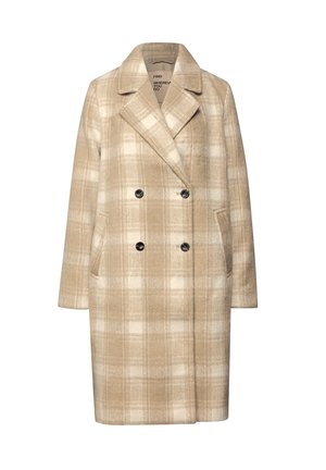 Beige geruite dubbelzijdige jas van een wolmix, met een pieklapel, twee voorzakken en zwarte knopenaccenten.