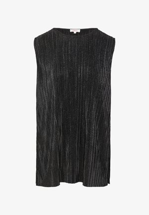 Black sleeveless top with vertical pleats and a sparkly texture, featuring a round neckline and loose fit. Made from a lightweight material.