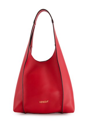 Red leather tote bag with a sleek, curved design. Features black accents and a gold logo on the front, showcasing a textured surface.