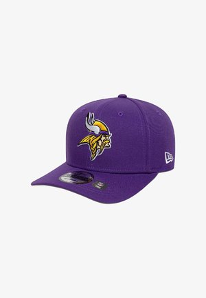 Purple fitted baseball cap with a structured crown, featuring an embroidered yellow and white Viking logo on the front and a flat brim.