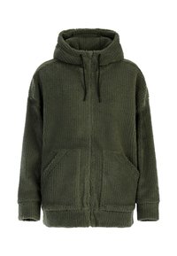 Un sweatshirt à capuche en polaire zippé de couleur vert foncé, avec des poches kangourou et un cordon de serrage sur la capuche, présentant un tissu doux et texturé.