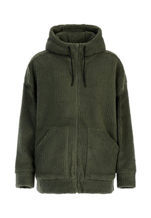 Un sweatshirt à capuche en polaire zippé de couleur vert foncé, avec des poches kangourou et un cordon de serrage sur la capuche, présentant un tissu doux et texturé.