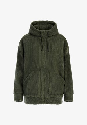 Mørkegrøn fleece hoodie med lynlås, kanguro-lommer og snøre i hætten, fremstillet af et blødt, tekstureret stof.