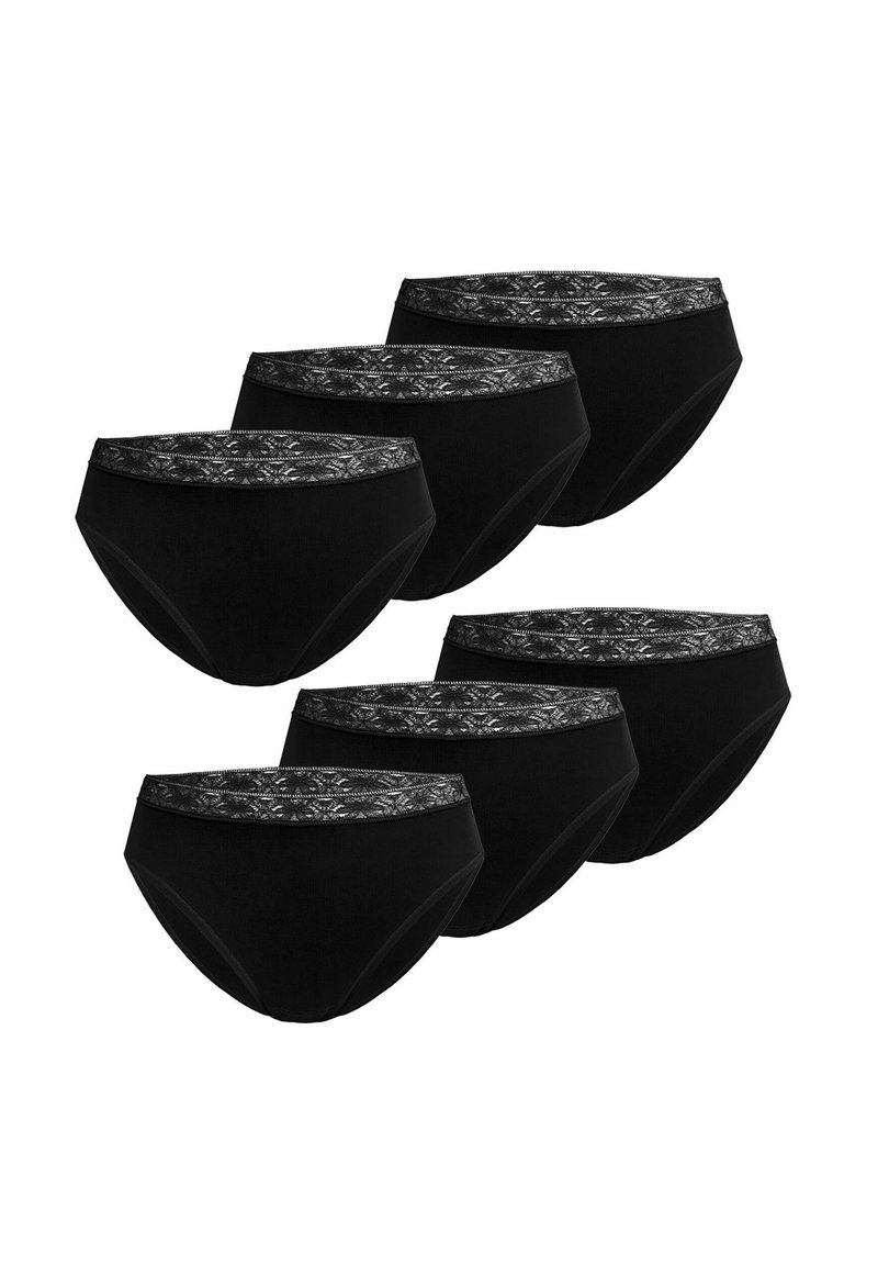 Black cotton underwear set featuring six pairs with lace-accented waistbands and a classic high-rise design. Soft texture and stretchy fit.