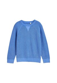 Maglione blu a maglia con un motivo testurizzato, maniche raglan e scollatura rotonda. Presenta un bordo a contrasto sui polsini e sull'orlo.