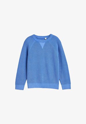 Maglione blu a maglia con un motivo testurizzato, maniche raglan e scollatura rotonda. Presenta un bordo a contrasto sui polsini e sull'orlo.