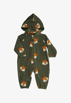 Fleece heldragt i olivengrøn med et all-over rævemønster i orange og hvid. Har en lynlås foran og en hætte for beskyttelse.
