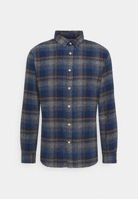 Långärmad skjorta med knappstängning i blå och tan rutigt mönster, tillverkad av mjukt tyg, med krage och knappar fram.