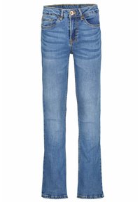 Jeans en denim bleu clair évasés avec cinq poches, coutures orange et fermeture à bouton à la taille. Texture lisse, design classique.