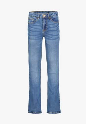 Hellblaue Jeans mit Schlag, fünf Taschen, oranger Naht und Knopfverschluss an der Taille. Glatte Textur, klassisches Design.