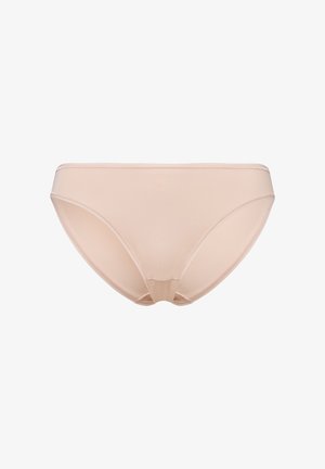 Beige bikini cut underwear with a smooth, sheer mesh texture and subtle elastic waistband, designed for comfort and minimal visibility.