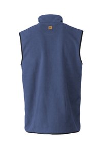Dunkelblaues Fleece-Weste mit hohem Kragen, schwarzem Besatz an den Armlöchern und einem kleinen Logopatch am Nacken. Glatte Textur.