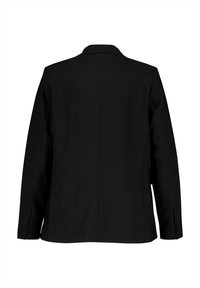 Zwarte blazer met een opstaand kraag, een enkele knoopsluiting en lange mouwen met knoopmanchetten. Glad stof, getailleerde pasvorm en strakke lijnen.