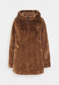 Brown faux fur coat with a hood, front zipper, and two side pockets. Soft texture with a plush appearance.