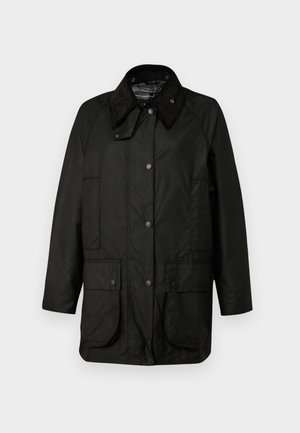 Black waterproof jacket with a corduroy collar, snap button closure, two front pockets, and a textured finish.