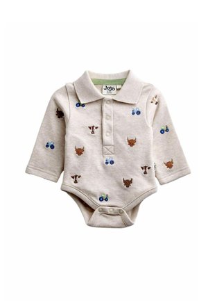 Body beige à manches longues pour bébé avec col, boutons et motif brodé d'animaux de la ferme et de tracteurs.