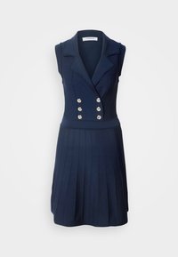 Robe bleu marine sans manches avec boutons argentés à double boutonnage, col ajusté, taille cintrée et jupe plissée.