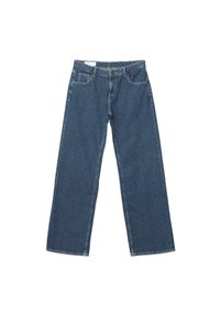 Modré džínsové nohavice s vertikálnymi bielymi pásikmi, prednými vreckami, pútkami na opasok a zapínaním na gombík, rozložené na bielom pozadí.