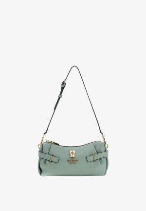 Sac à bandoulière en cuir synthétique vert avec ferrures dorées, fermeture éclair, deux accents décoratifs sur la sangle et une bandoulière noire réglable.