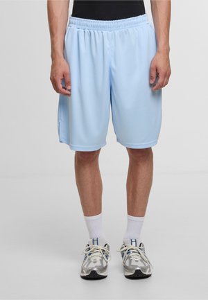 Shorts de sport bleu clair en tissu respirant, dotés d'une taille élastique et de poches latérales, avec une coupe ample et une longueur au genou.