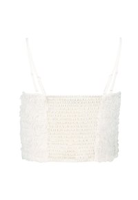 Biały crop top z marszczonym wzorem i kwiatowymi teksturowymi akcentami po bokach. Regulowane ramiączka dla idealnego dopasowania. Miękka, lekka tkanina.