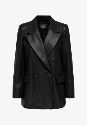 Crna sintetička kožna dvostruka jakna s reverima, prednjim džepovima s preklopom i četiri dugmeta, prikazana na bijeloj pozadini.