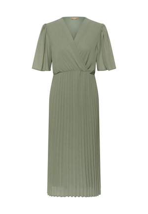 Light olive green midi dress with V-neck, short puff sleeves, fitted waist, and pleated skirt.