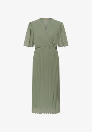Light olive green midi dress with V-neck, short puff sleeves, fitted waist, and pleated skirt.