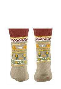 Skarpetki dziane w kolorze beżowym z bordowym ściągaczem, z wielokolorowym wzorem przedstawiającym dynie i kwiaty w odcieniach żółci i zieleni.