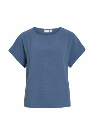 Korte mouwen, ronde halsbloes in een gestructureerde blauwe stof. Beschikt over een ontspannen pasvorm met opgerolde mouwen. Geschikt voor casual kleding.