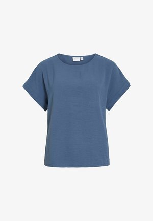 Short-sleeved, round-neck blouse in a textured blue fabric. Features a relaxed fit with rolled sleeves. Suitable for casual wear.