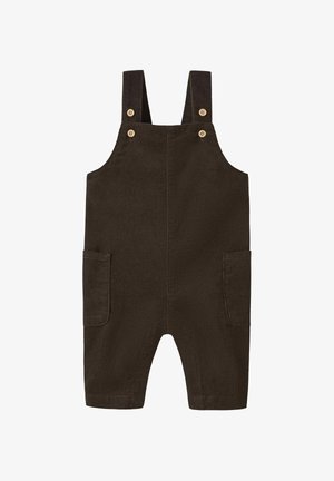 Braune Corduroy-Überalls mit verstellbaren Schulterträgern, zwei Seitentaschen und Holzknöpfen. Sie bieten eine bequeme, lockere Passform.