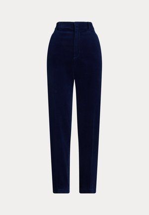 Pantalons en velours côtelé bleu marine avec taille haute, jambes droites et subtils côtes verticales. Comprend des poches avant et une fermeture éclair discrète.