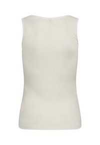 Ærmeløs creme farvet tanktop med rund halsudskæring, lavet af glat stof med en let glans. Ingen mønster eller udsmykninger.