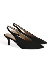 Talons aiguilles en suede noir à l'arrière, avec un bout pointu et un petit talon. Dessus texturé avec une doublure intérieure lisse. Design simple et élégant.